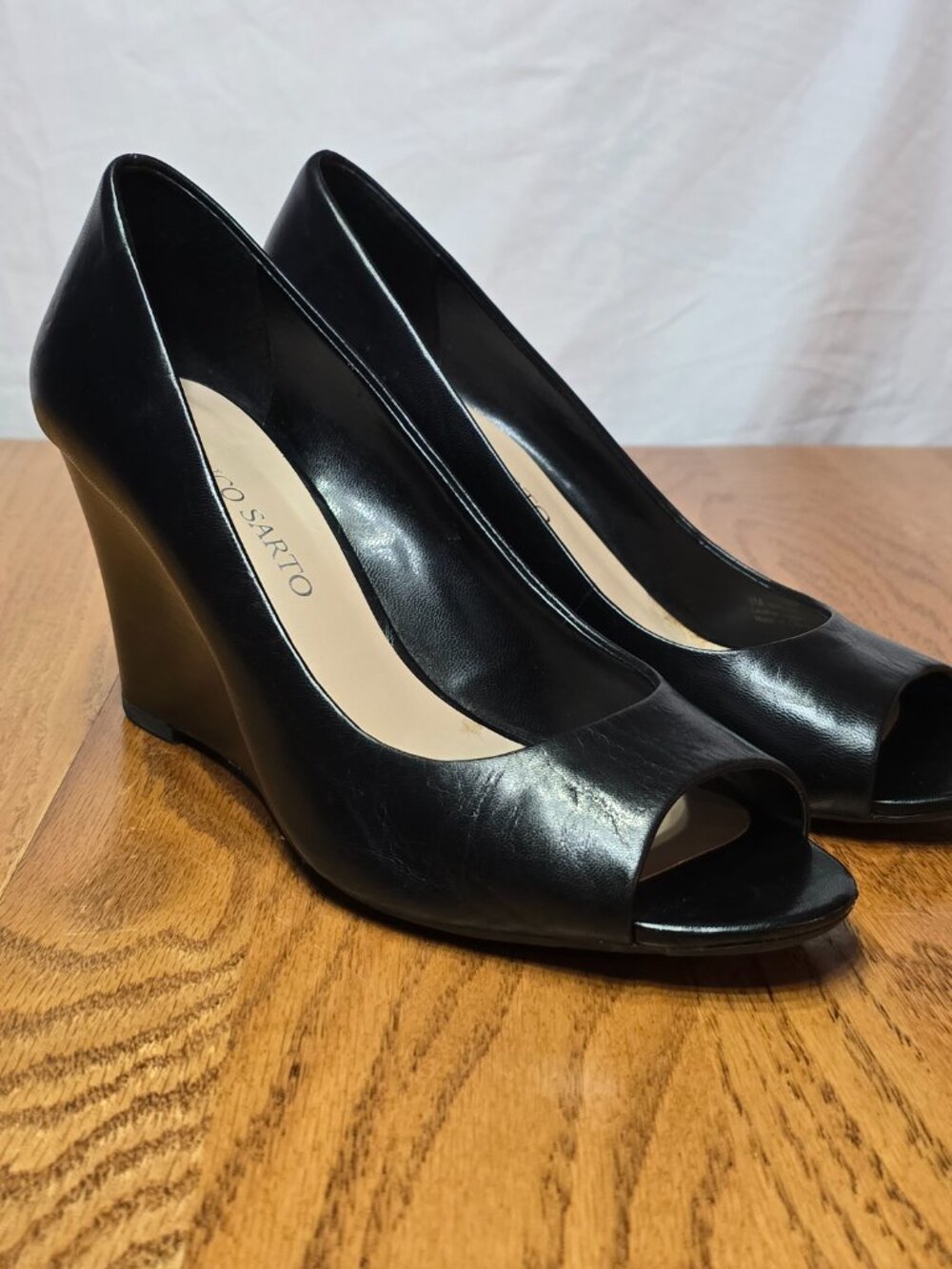 Share Franco Sarto Women's sz 8 Black Leather Peep Toe Wedge Heels Voyage